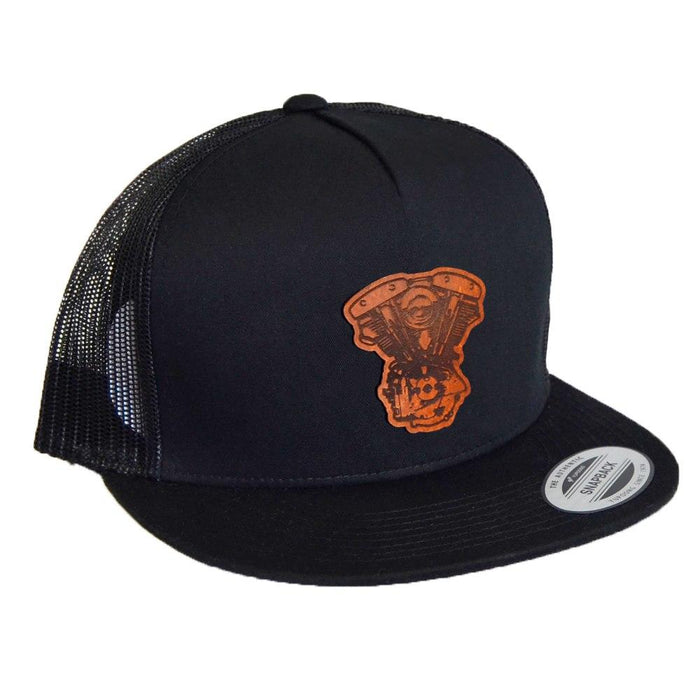 Shovelhead (Alternator) Leather Patch - 5 Panel Snap Back Hat