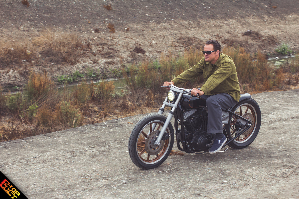 Aaron riding his custom sportster motorcycle