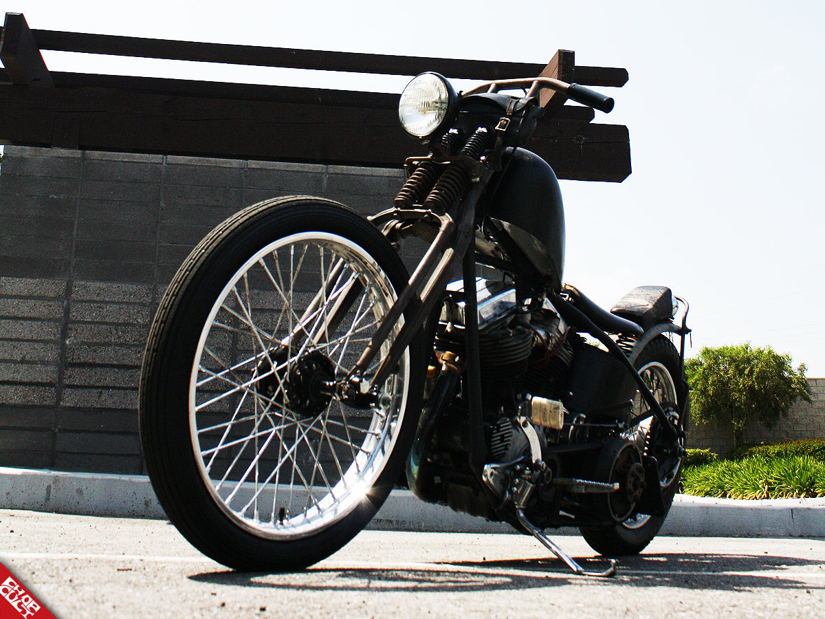 Custom panhead motorcycle b side front angle