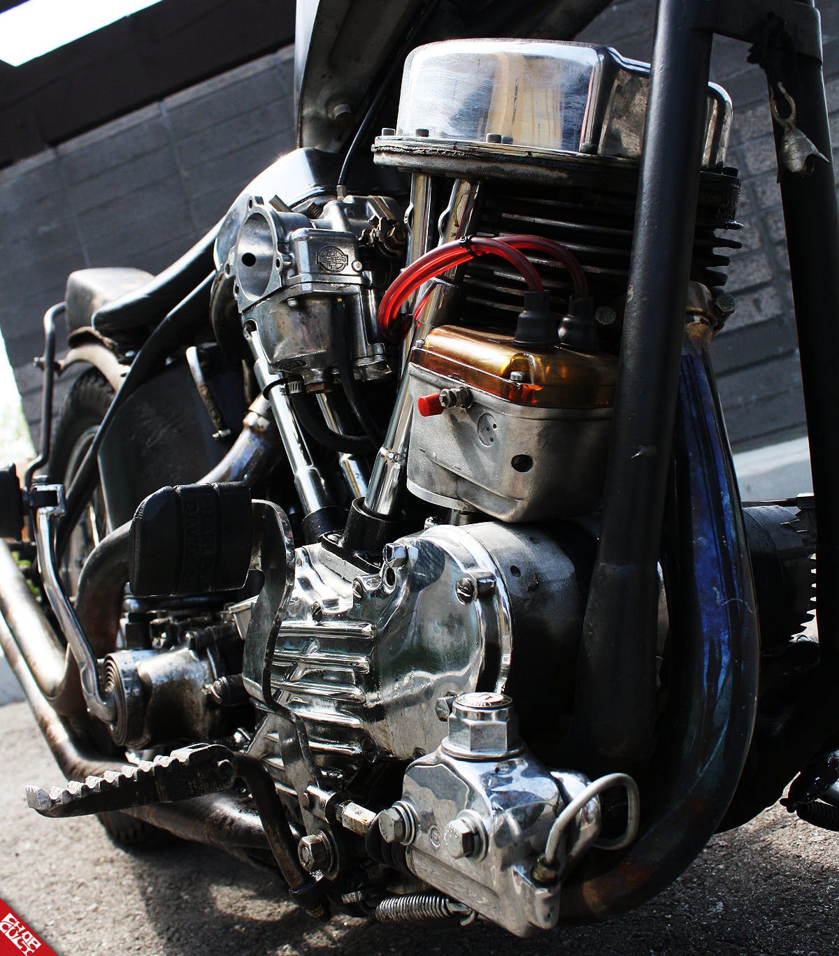Custom panhead motorcycle engine a side front angle