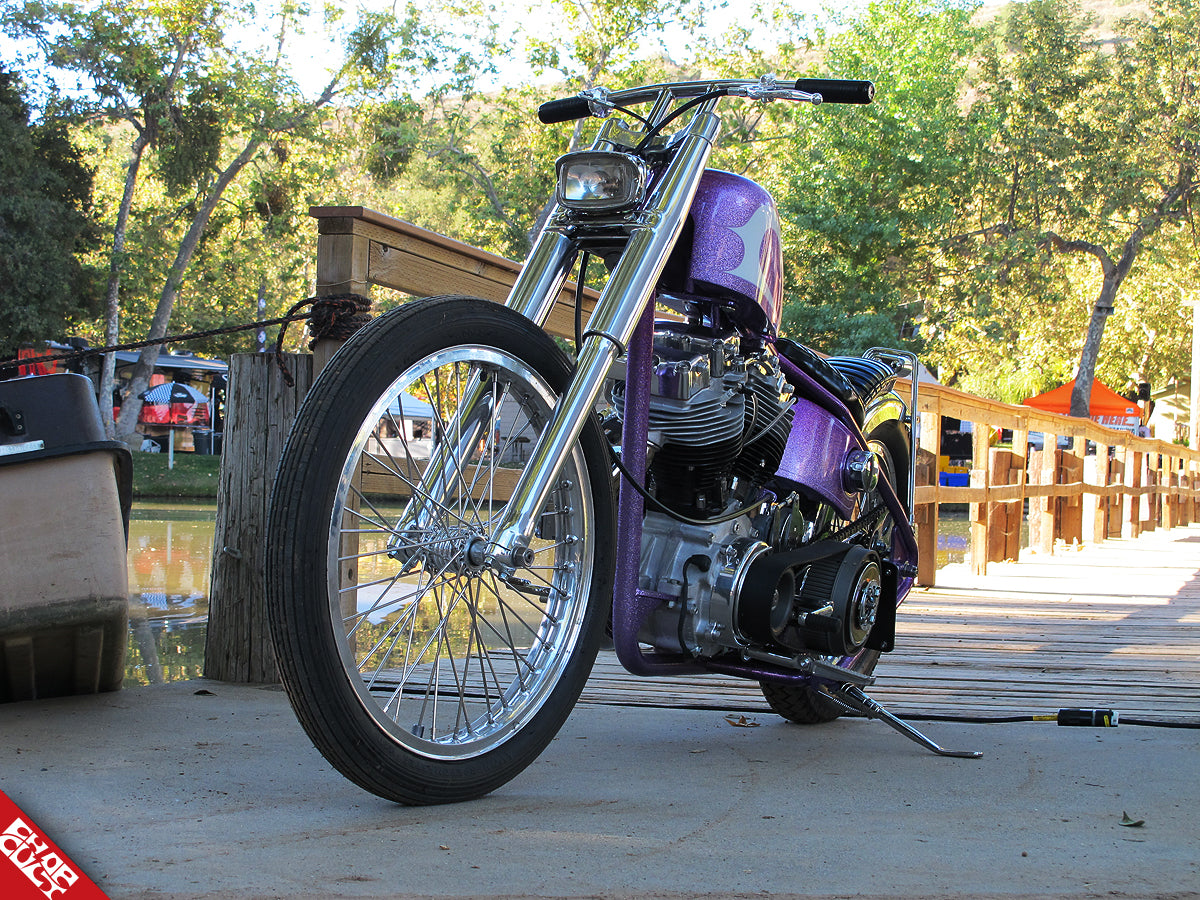A photo of the front end of the finished lavender bike