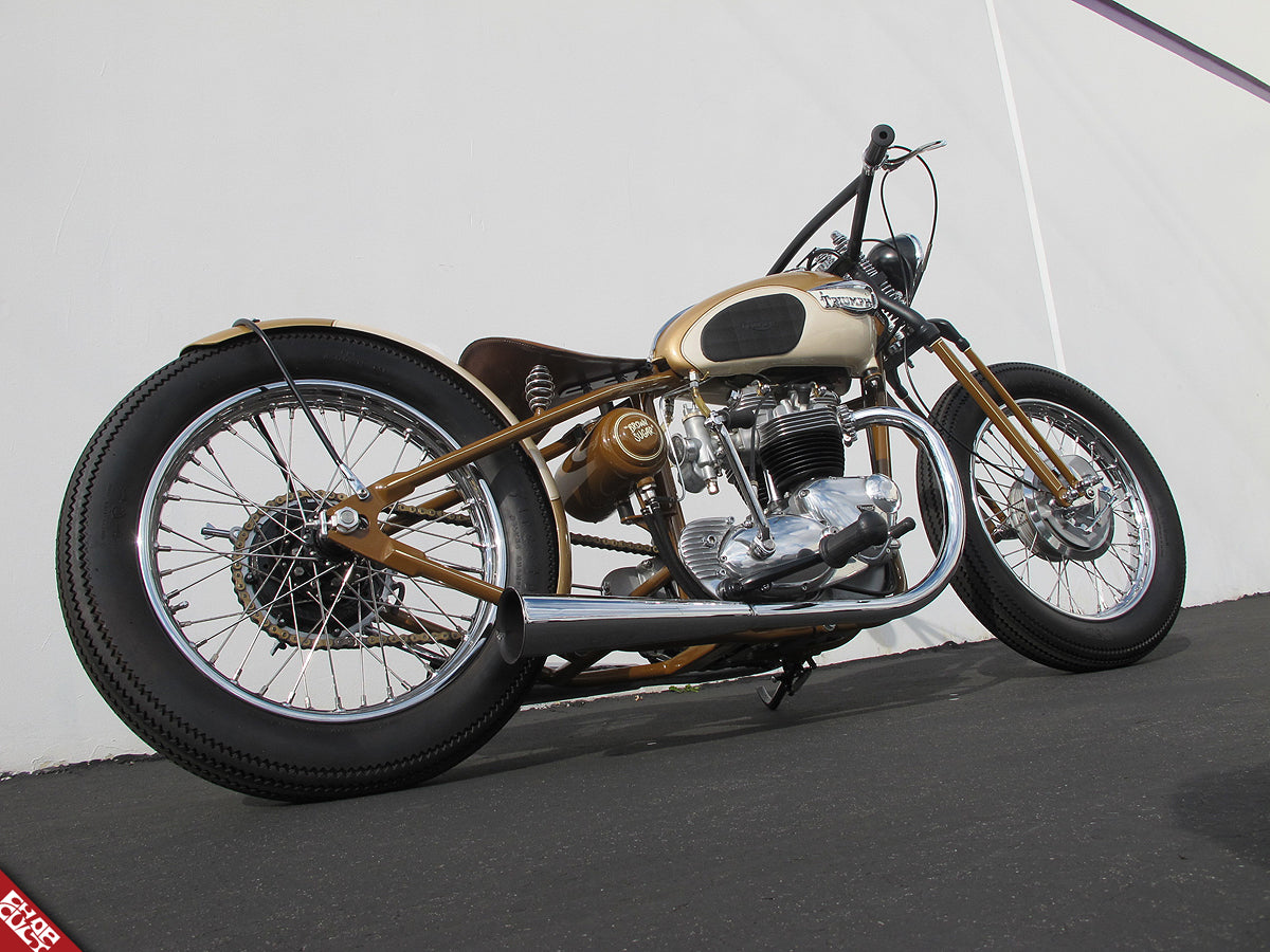 Custom Triumph motorcycle a side low angle