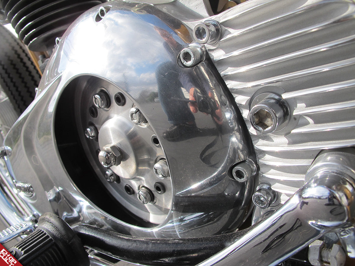 Custom Triumph motorcycle engine close up