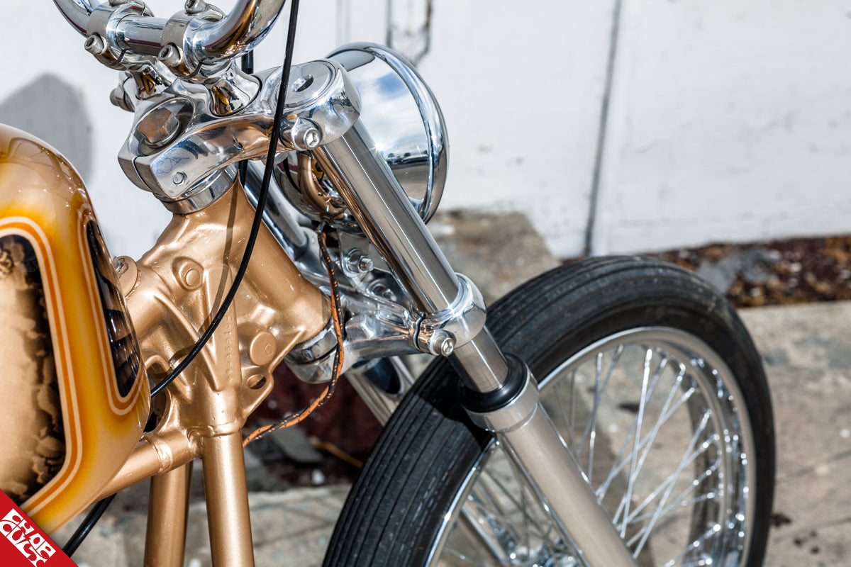 A close up of the bike's front tire