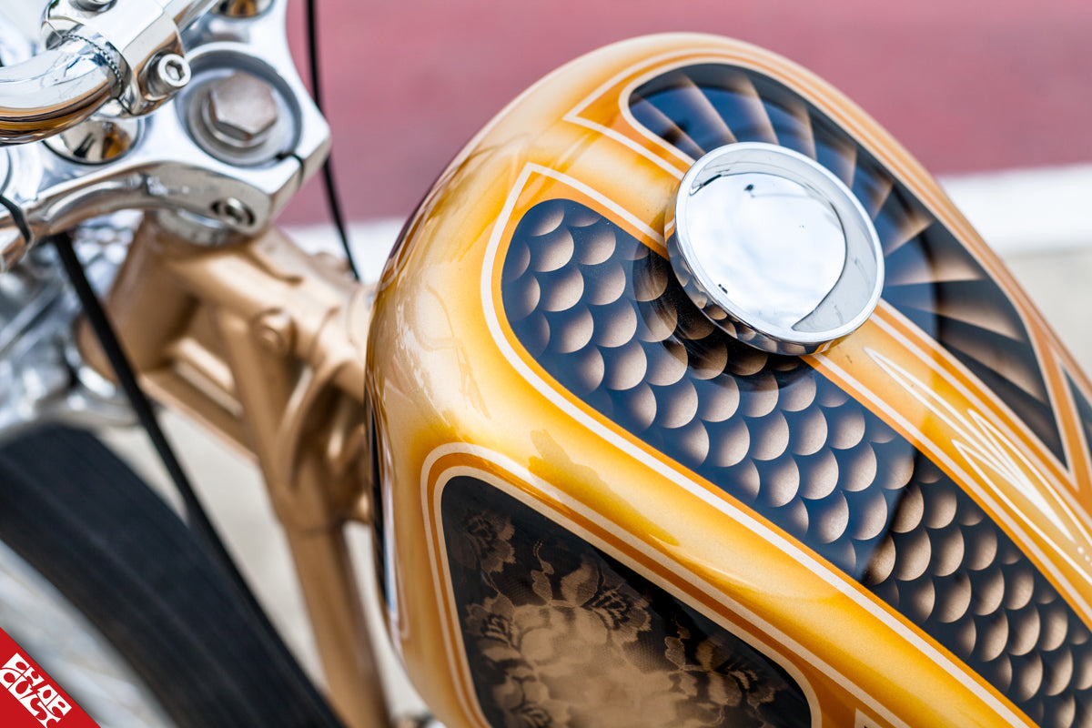 A photo of the bike's paint on the oil tank