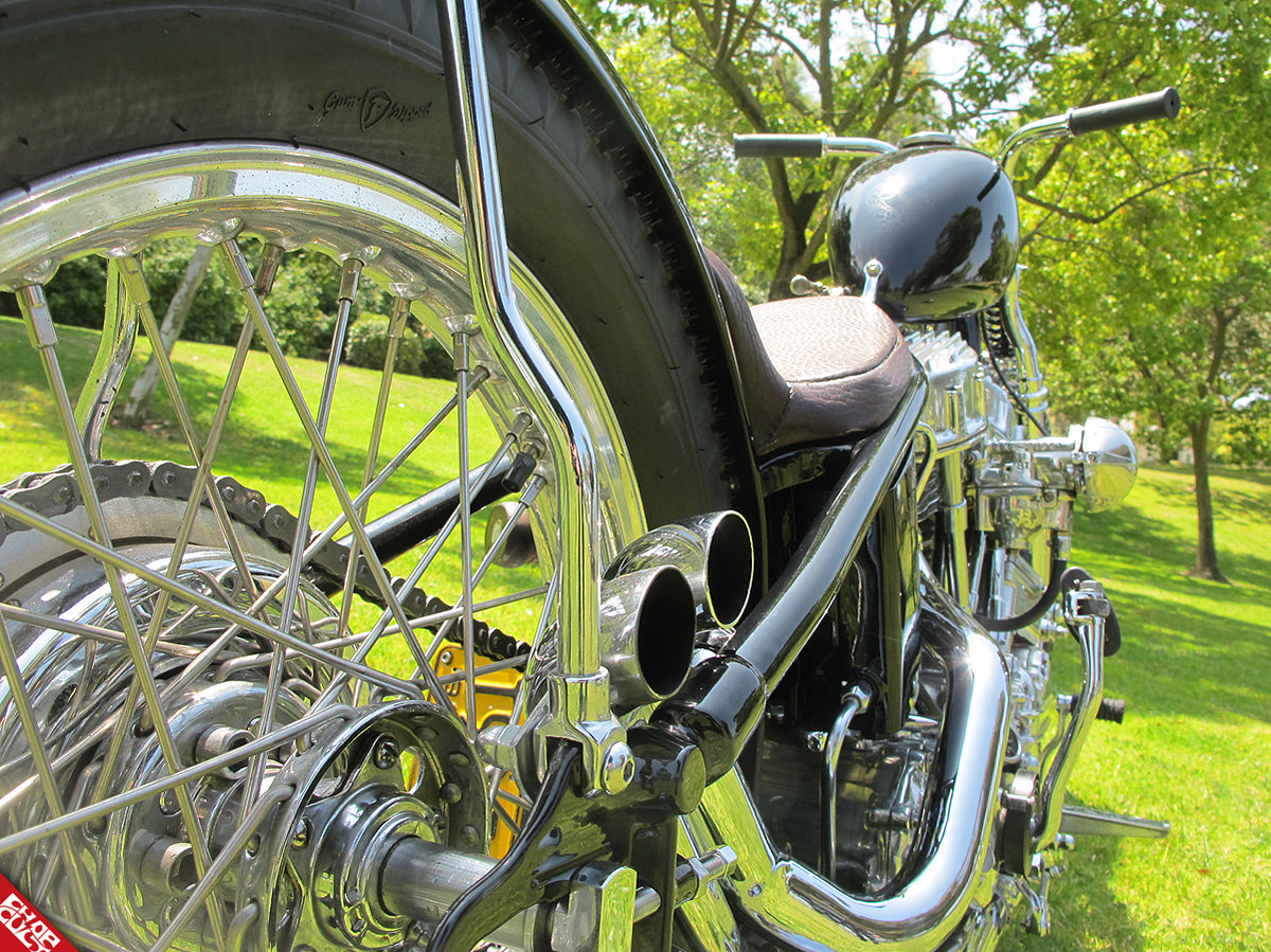 Panhead motorcycle rear angle