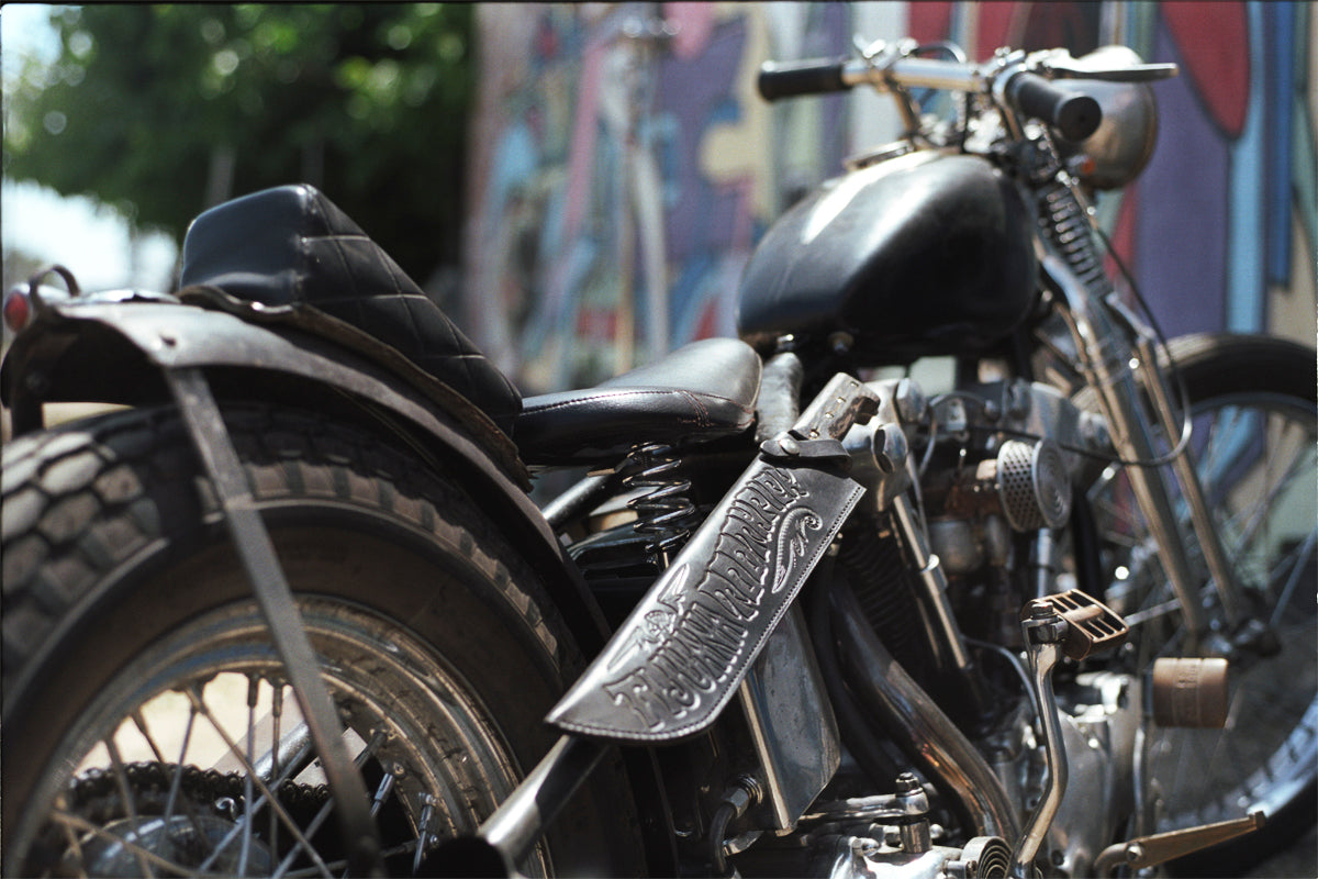 A final image of the bike featuring the embroidery on the leather of the bike