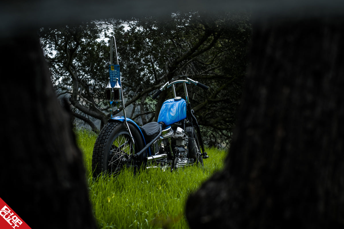 Panhead motorcycle b side between trees