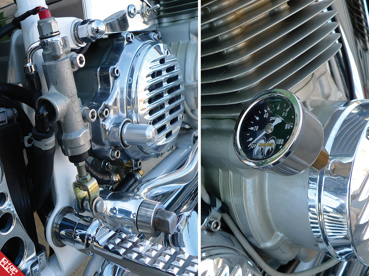 Green chopper motorcycle chrome parts close up