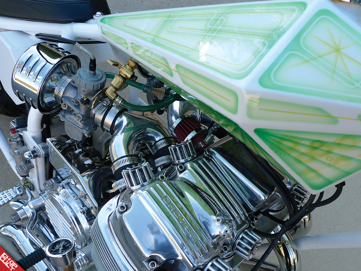 Green chopper motorcycle gas tank and engine