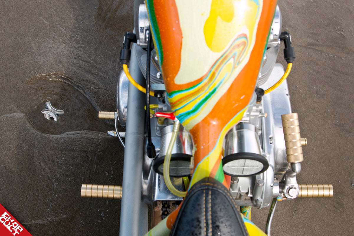 An arial view of the bike's paint job and foot pegs