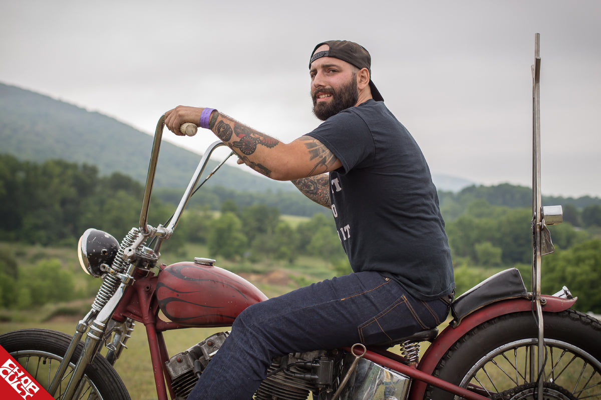 Jesse with shovelhead motorcycle