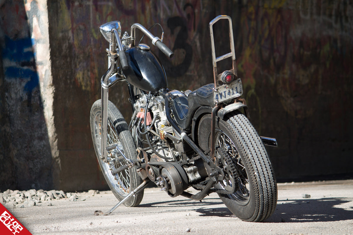 Custom shovelhead motorcycle b side rear angle