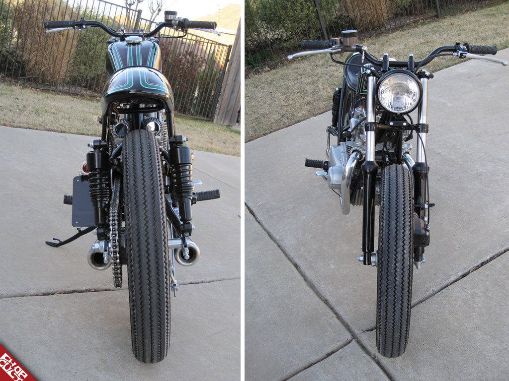A close up comparison of the bike's front and rear tires