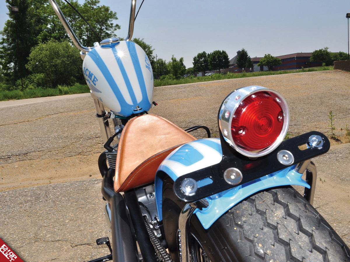 A photo of taken from the rear of the bike featuring the white bike with the powder blue pin stripes
