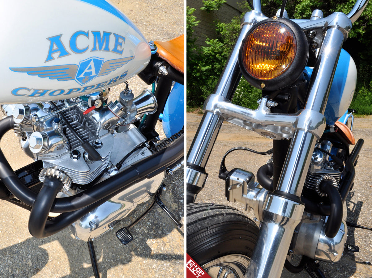 A side-by-side of the bike's front (displaying its headlight) and the bike's tank with the powder blue "Acme Choppers" logo on it