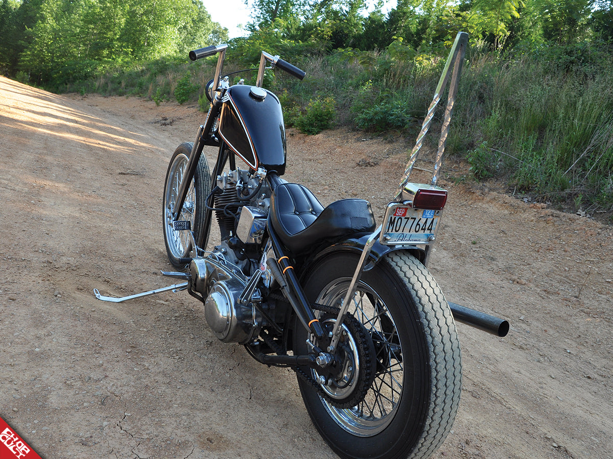 Custom shovelhead motorcycle b side rear angle