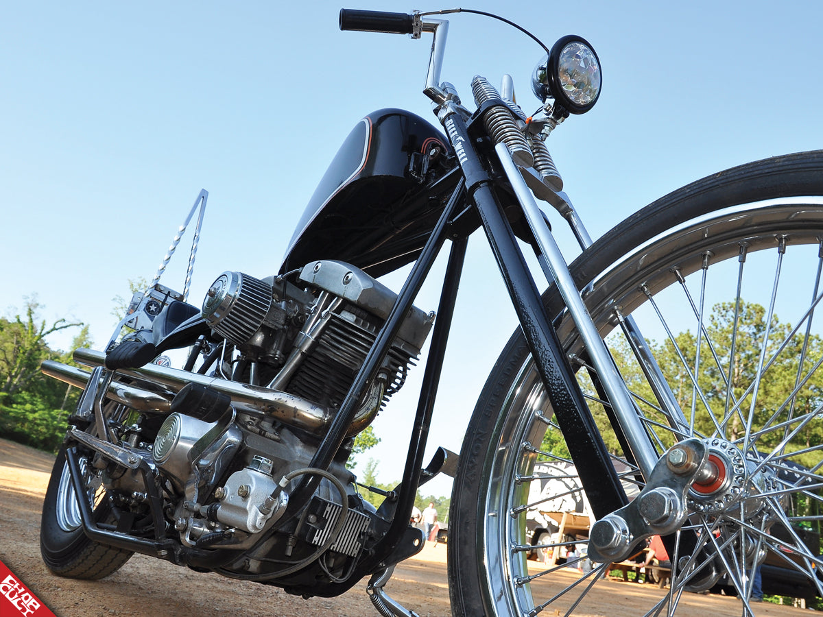 Custom shovelhead motorcycle forks low angle