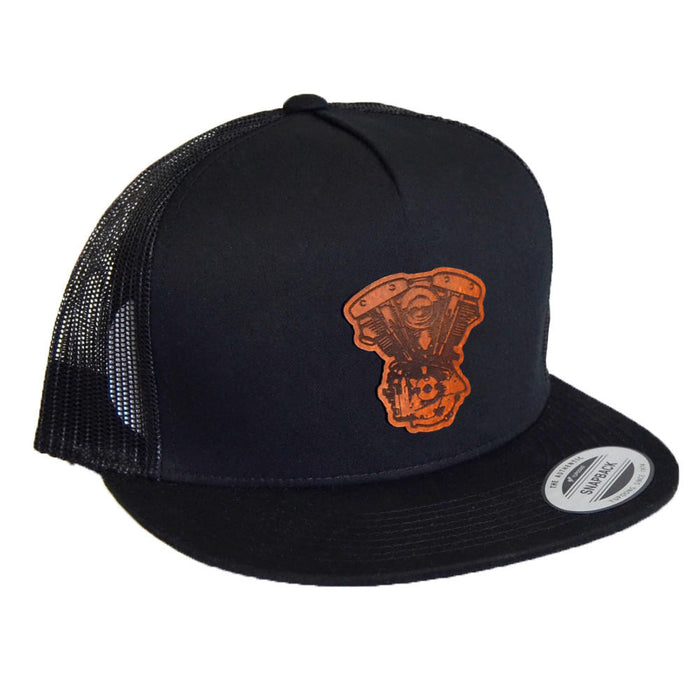 Shovelhead (Alternator) Leather Patch -  5 Panel Snap Back Hat